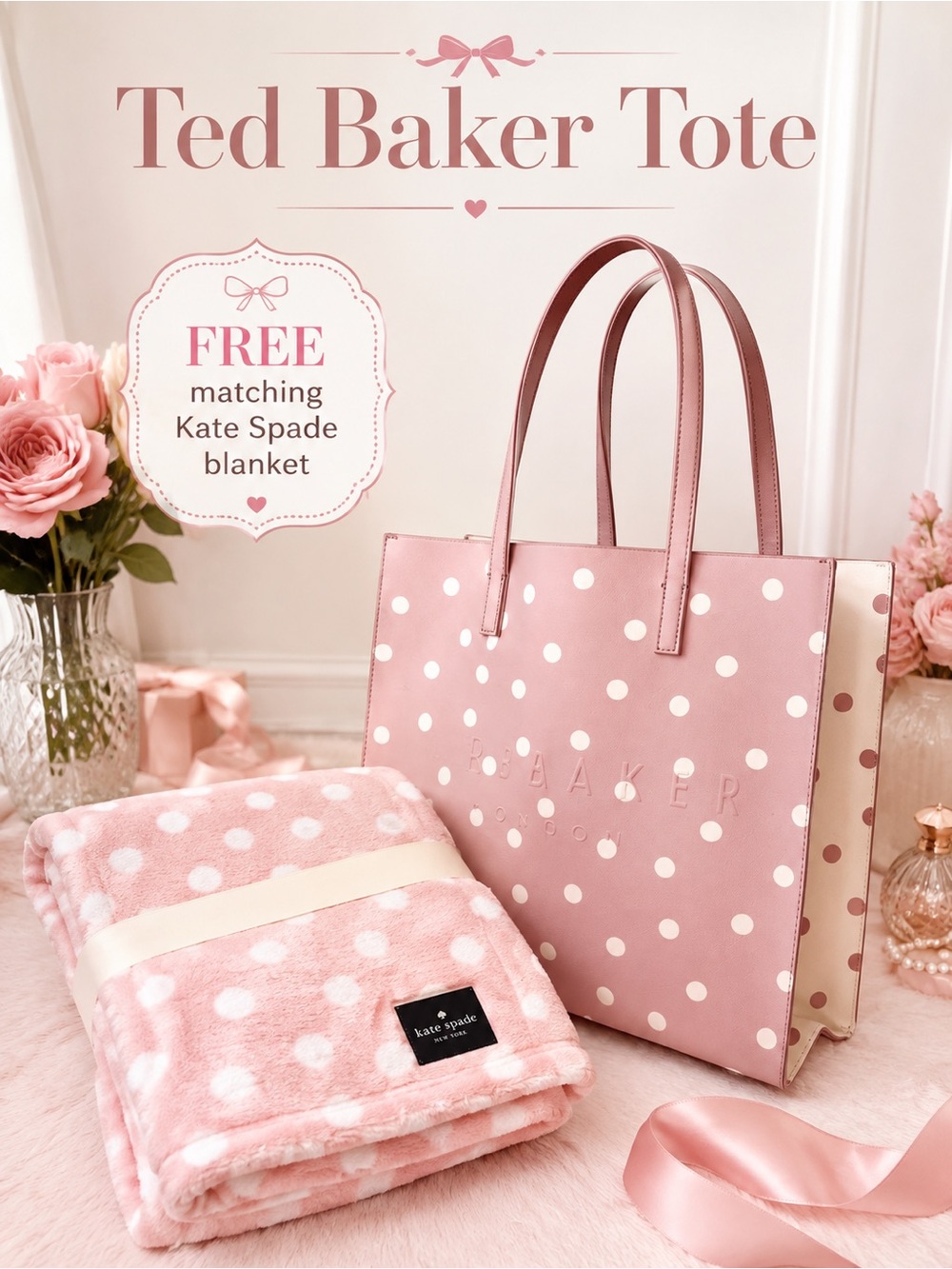 NWT Ted Baker Pink Polka Dot Tote + FREE Kate Spade Plush Blanket 60x70 Coquette
